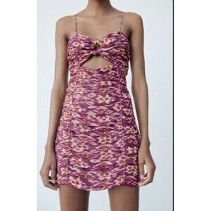Zara Purple Printed Ruched Metallic Front Cut Out Mini Cocktail Dress Size S